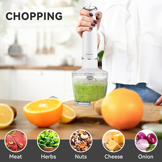 Immersion Blender Handheld 5 in 1 Hand Blender, 1000W Hand Mixer Stick, BPA-Free 12 Speed Handheld Blender with Mixing Beaker, Chopper, Whisk and Milk Frother for Soup, Sauce, Baby Food (White)