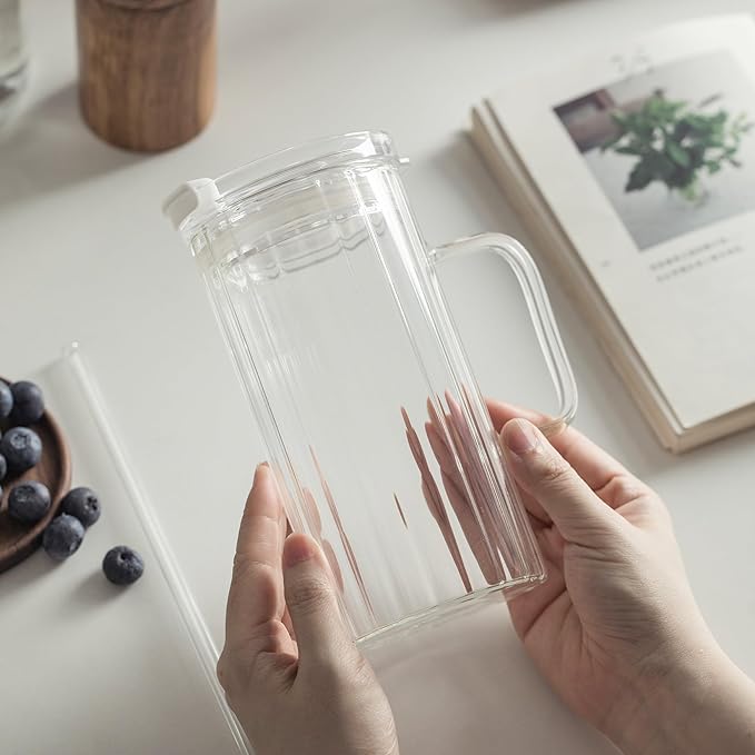 KEMORELA 2PCS Glass Tumbler with Lid and Straw - 24oz Ribbed Drinking Cups with Straw & Lid, Iced Coffee Cups - Reusable Glass Tumblers for Tea, Juice, Bubble Tea