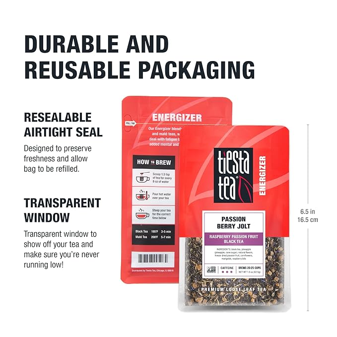 Tiesta Tea - Passion Berry Jolt, Loose Leaf, Raspberry Passion Fruit Black Tea, Premium Caffeinated Black Blend, Make Hot or Iced & Brews Up to 25 Cups, 1.5 Ounce Resealable Pouch