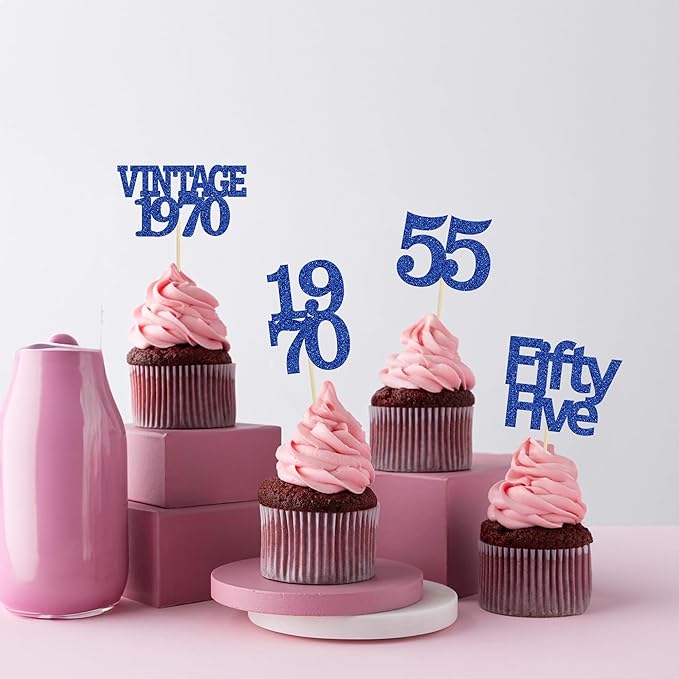 Gyufise 24Pcs Vintage 1970 Cupcake Toppers Glitter Cheers to 55 Fabulous Fifty Five Cupcake Picks 55th Birthday Wedding Anniversary Party Cake Decorations Supplies Deep Blue