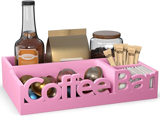 Coffee Bar Organizer - Wood Coffee Pods Holder Storage Basket, Essential Coffee Bar Accessories for Home and Office, Coffee and Tea Condiment Storage Organizer