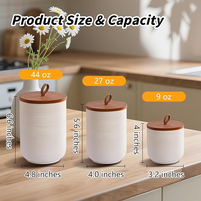 Food Storage Jar Strong Ceramic Storage Canisters with Airtight Wooden Lid,Kitchen Storage Containers for Serving Coffee Beans, Tea, Sugar, Salt, Spices (White three-piece suit)