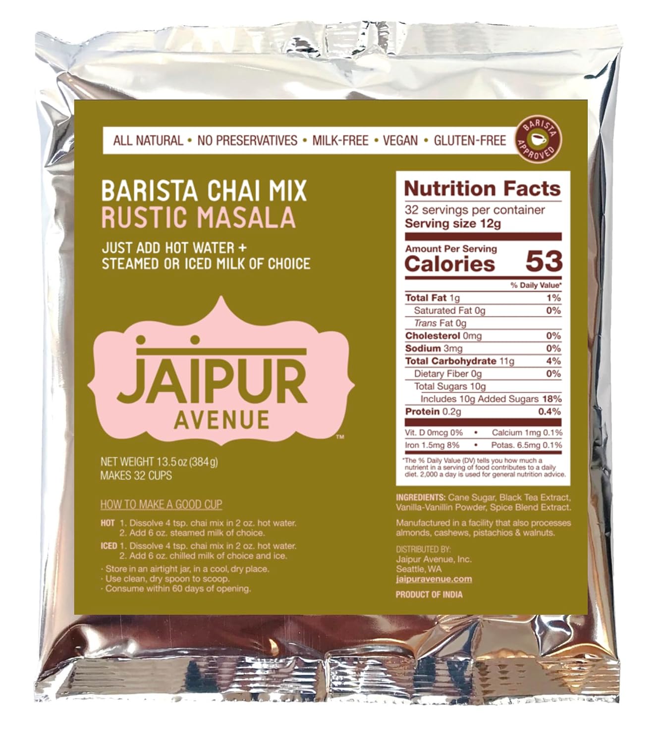 Jaipur Avenue Barista Chai Mix Rustic Masala, Vegan & Dairy-Free, 13.5 oz