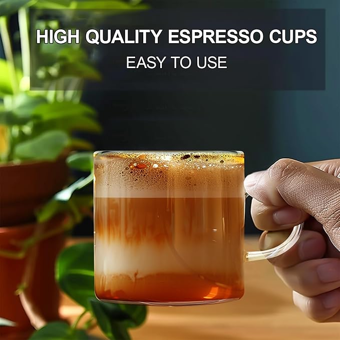 4-Pack 4oz Espresso Cups Espresso Shot Glasses with Handle, Small Glass Coffee Cups, Espresso Mugs Demitasse Cups Cappuccino Cup for Hot or Cold Latte, Tea, Microwave Dishwasher Safe