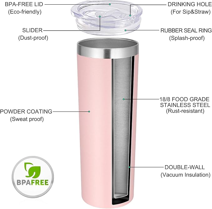 VEGOND Stainless Steel Tumblers Bulk 12 Pack, 20 oz Vacuum Insulated Skinny Tumblers with Lid and Straw, Double Wall Coffee Mug, Travel Water Cup, Light Pink