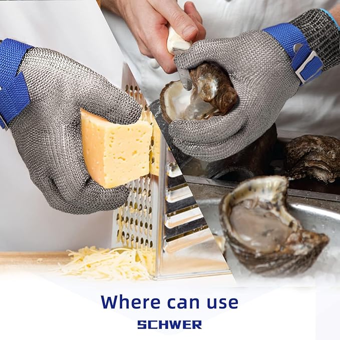 Schwer SlicePro ANSI A9 Cut Resistant Glove PR1706, Stainless Steel Mesh Metal Glove, Food Grade for Kitchen Cooking, Butcher Meat Cutting, Oyster Shucking, Mandoline, Non-PFAS (L, 1 PCS)