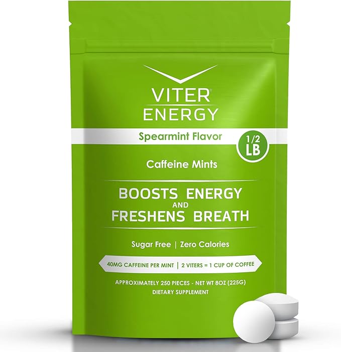 Viter Energy 40mg Caffeine Mints - Sugar Free, B Vitamins, Vegan, Boosts Fast Energized Alert Focus, Caffeinated Nootropic Supplement Pills (Spearmint Flavor, 8oz, Bulk Bag)
