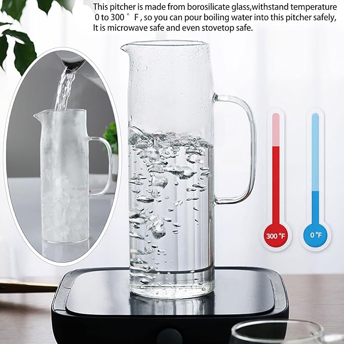 hjn Glass Pitcher with Lid Glass Water Carafe with Handle, Fridge Water Jug Cold or Hot Beverages, Iced Tea, Milk, Juice 1500ml/51oz & aluminium lid