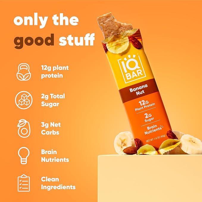 IQBAR Brain and Body Plant Protein Bars - Banana Nut - 36-Count - Keto, Vegan, Low Carb, High Fiber, Gluten Free, Dairy Free, Low Sugar Snack with Nutrients for Focus, Energy, Meal Replacement