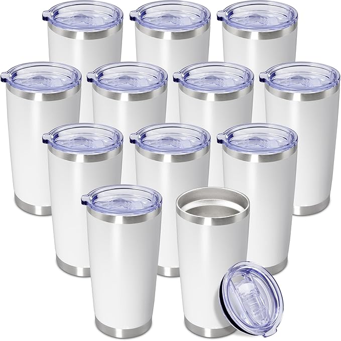 20 oz Tumbler Coffee Tavel Tumblers Bulk with Lid Stainless Steel Double Wall Vacuum Insulated Mug Powder Coated Cups fit Car Cupholder for Hot and Cold - White, 12Pack