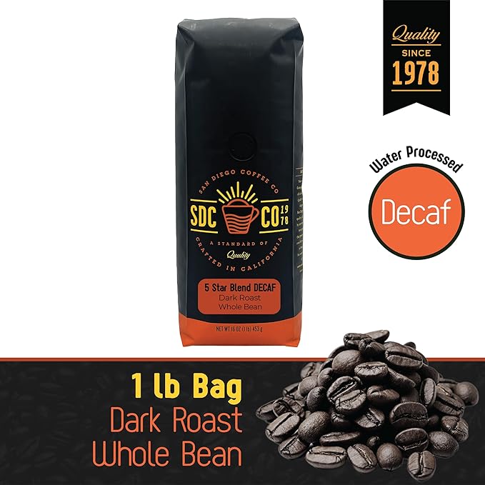 San Diego Coffee 5 Star Blend DECAF, Dark Roast, Whole Bean Coffee, 16-Ounce Bag Café en grano tostado descafeinado