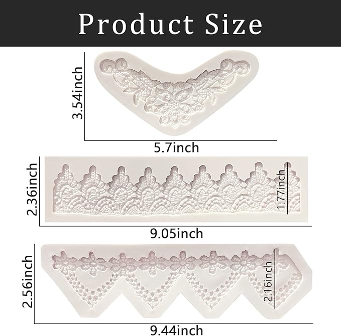Lace Fondant Mold Set of 3, Edible Lace border Cake Decorating Imprint Mat Silicone Molds for Wedding, Valentine's Day, Chocolate, Cupcake, Cookies, Gum, Candy, Marzipan, Polymer Clay, Epoxy Crafts