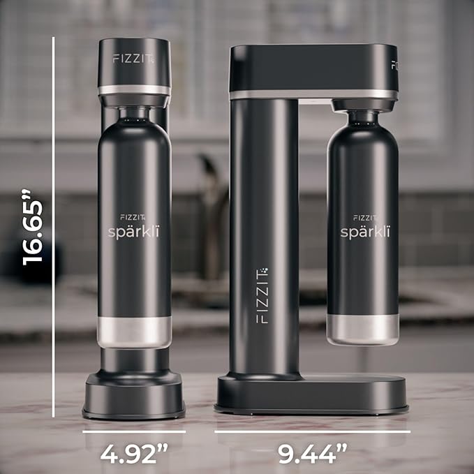 Black Sparkling Soda Water Maker with 2 CO2 Cylinders & 2 Stainless Steel Reusable Bottles, Includes 1 x Black Stainless Reusable Bottle & 1 x White Stainless Reusable Bottle