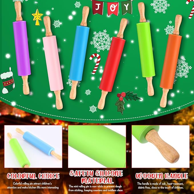 Dandat Small Rolling Pin Kids 12 Inch Mini Silicone Rolling Pin for Baking Non Stick Kids Dough Roller with Wooden Handle for Kitchen Cookie Pastry Fondant Cake 6 Colors(6 Pcs)