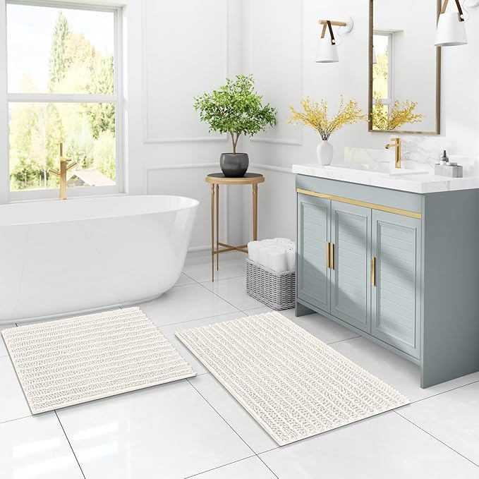 Arotive Luxury Chenille Bathroom Rug Mat, Extra Soft Thick Absorbent Shaggy Bath Rugs, Non-Slip Machine Wash Dry, Plush Bath Mats for Bathroom, Shower and Tub, 34x21, Ivory