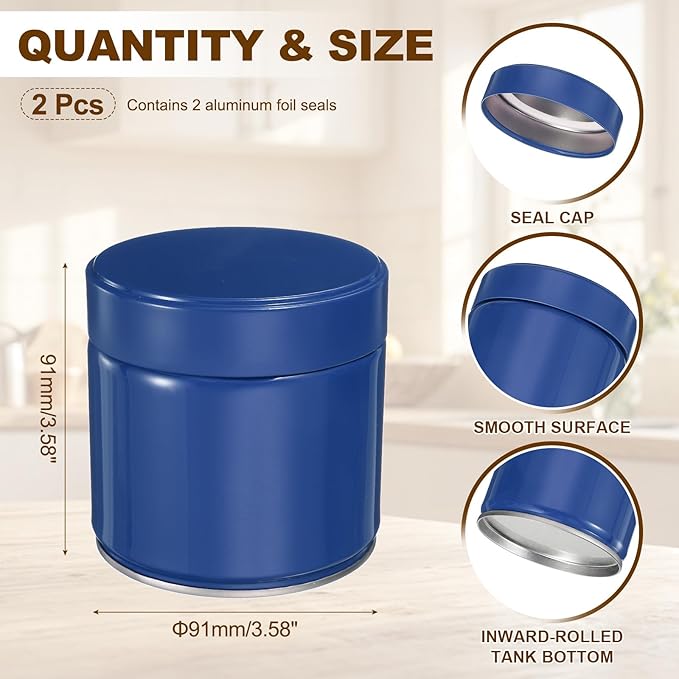 uxcell 2Pcs Round Tea Canisters, 4" x 4" Airtight Metal Tea Containers for Loose Tea, Coffee Beans, Spices - Durable, Compact, and Stylish Storage Tea Tin (Blue)