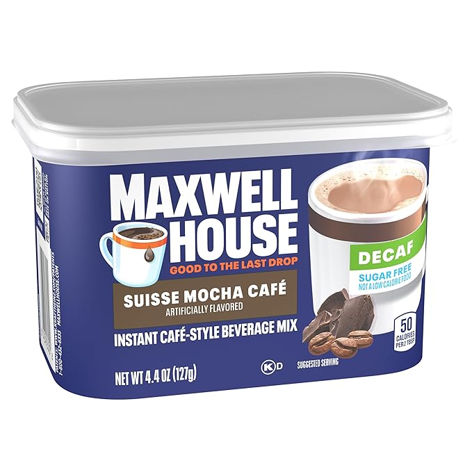 Maxwell House Sugar-Free Suisse Mocha Cafe Decaf Instant Cafe-Style Beverage Mix, 4.4 oz. Canister