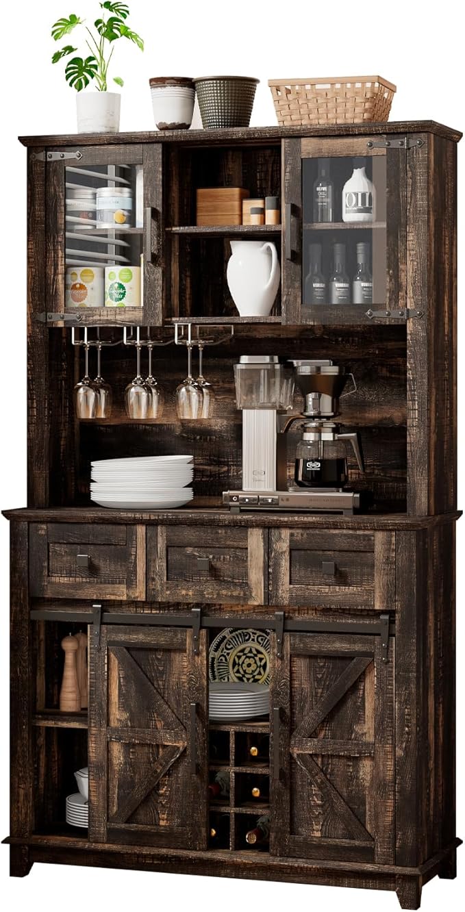 72" Coffee Bar Cabinet with Sliding Barn Door & LED Lights, Sideboard Buffet Cabinet with Wine Bottle Rack, 3 Drawers, Storage Cabinet for Kitchen, Dining Room, Dark Rustic Oak, DBC20B