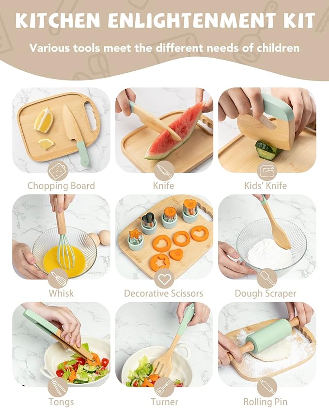 Wooden Kids Cooking Set Montessori Kit - Real Toddler Kitchen Tools & Baking Utensils - 15PCS Cooking Kit for Kids with Storage Bag, Great Gift for Pretend Play & Montessori Learning (Green)