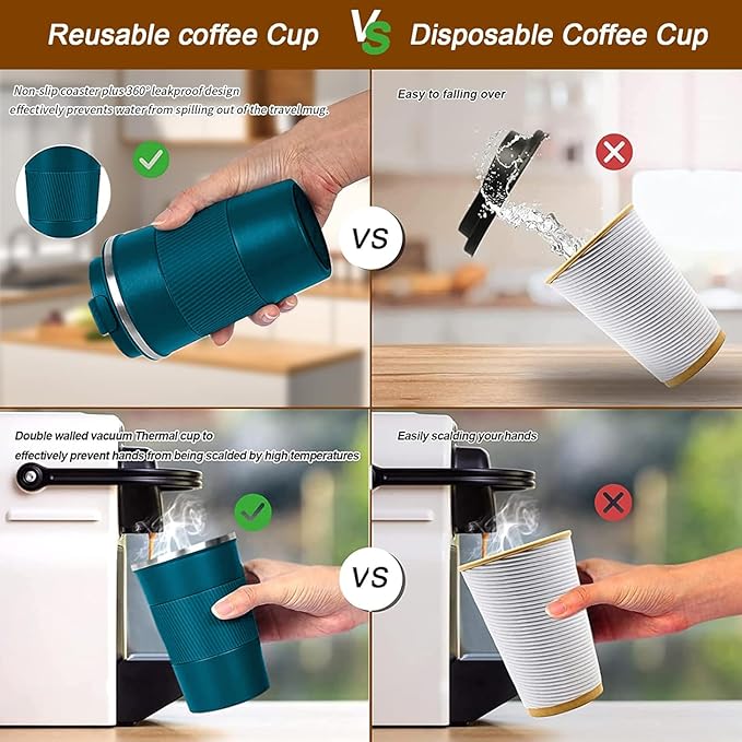 YINBAOGE Insulated Travel Coffee Mug Spill Proof Leak Proof Pobtable To Go Camping Stainless Steel Coffee Tumbler Reusable Coffee Cups with Lids Thermos for Hot and Cold Drink (Blue, 12 OZ)
