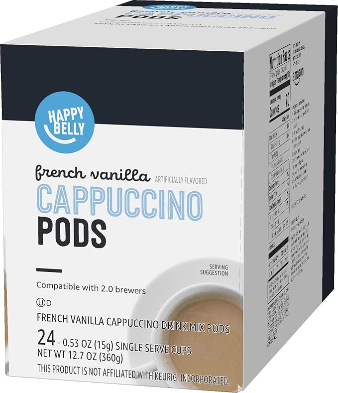 Amazon Brand - Happy Belly Cappuccino Coffee Pods Light Roast Compatible with 2.0 K-Cup Brewers, French Vanilla Flavored, 24 Count, 1.5 pound (Pack of 2)