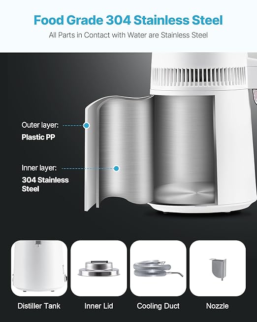 VEVOR Water Distiller, 6L/1.6 Gallon Larger Distilled Machine, 900W Distilling Water Maker, 0-99H Timing Set, Time & Temp Display, 304 Stainless Steel Interior Stiller with Plastic Carafe, White