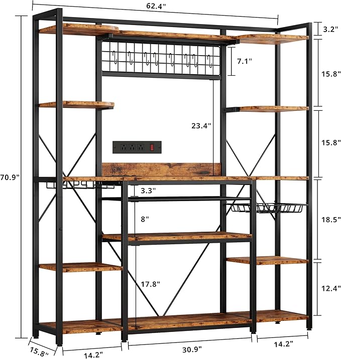 IRONCK Large Bakers Rack with Power Outlet, 62 Inch Wide Microwave Stand, Coffee Bar with Storage, Kitchen Racks and Shelves