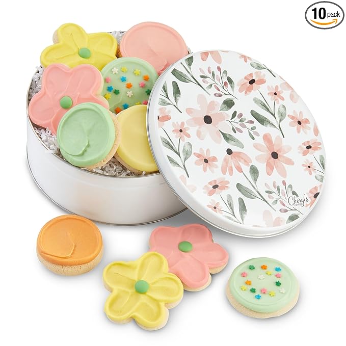 Cheryl's Cookies® Floral Cookie Gift Box Tin w/ 10 Buttercream-Frosted Flower Sugar Cookies, Fruit Flavored, Individually Wrapped, Gourmet, Handmade, Perfect for Any Occasion, Family & Friends