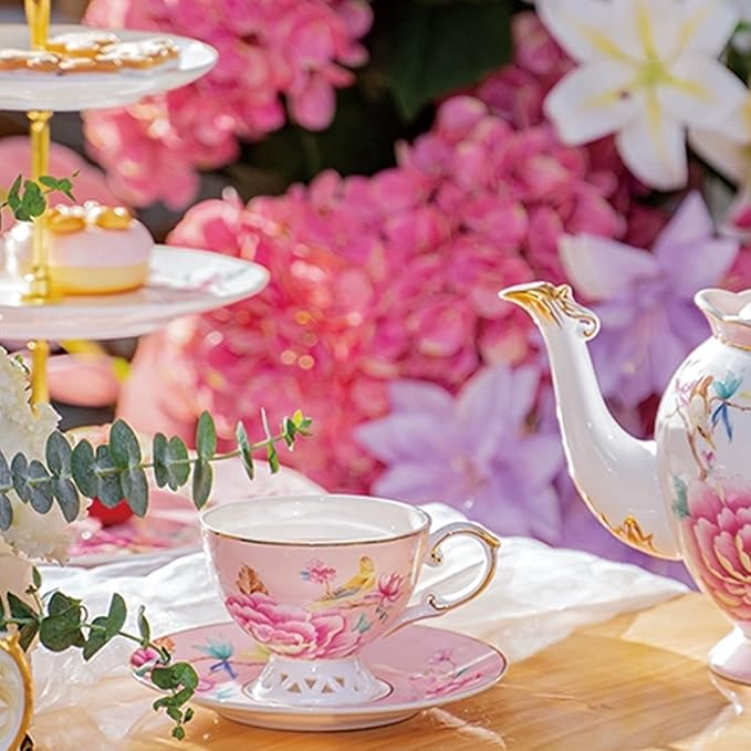 ACMLIFE Tea Set for Adults- Fine China Tea Set for 6, 21-Piece Vintage Coffee Set English Porcelain Tea Pot Sets for Adult Tea Party for Women Gift (Pink, Extra Large 21)