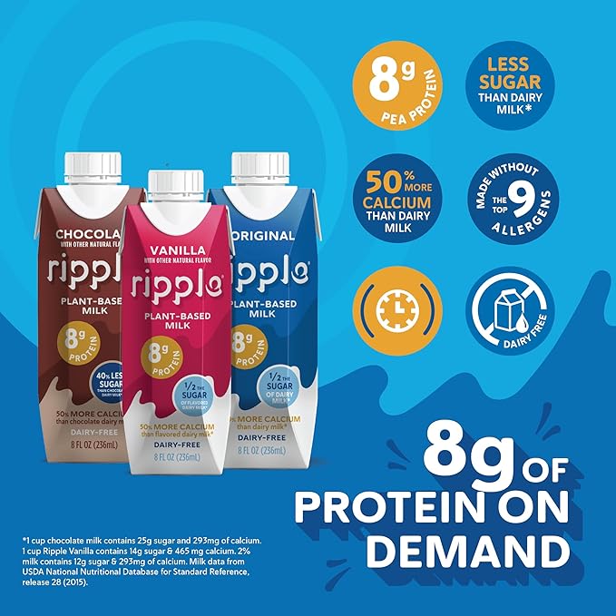 Ripple Non-Dairy Milk, Chocolate| Vegan Milk With 8g Pea Protein | Shelf Stable Single Serve Cartons | On-The-Go | Non-GMO, Plant Based, Gluten Free | 8 oz, 12 Pack