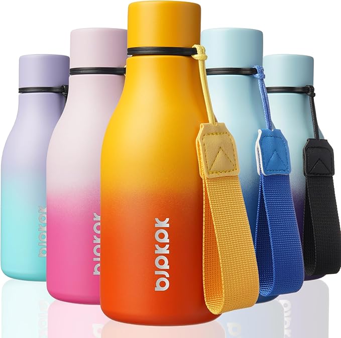 BJPKPK Insulated Water Bottles, 12oz Stainless Steel Metal Water Bottle with Strap, BPA Free Leak Proof Thermos, Mugs, Flasks, Reusable Water Bottle for Sports & Travel, Sunset Orange