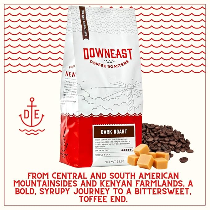 Downeast Coffee Roasters Whole Bean Coffee - Dark Roast, 100% Arabica Coffee - Bold, Syrupy, Bittersweet Toffee Notes - Kenya, Central and South American Highlands, (2 lb Bag)