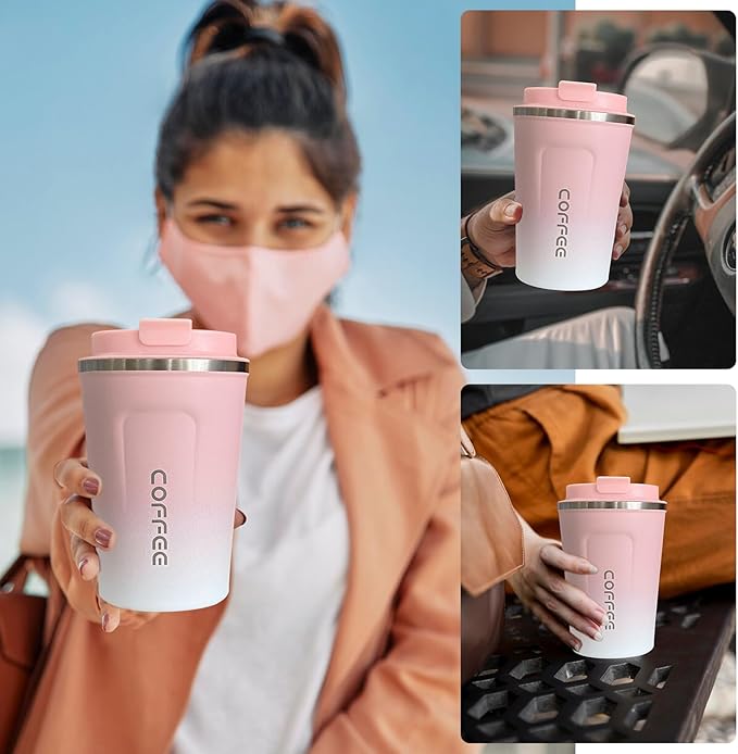 YINBAOGE Insulated Travel Coffee Mug Spill Proof Leak Proof Pobtable To Go Camping Stainless Steel Coffee Tumbler Reusable Coffee Cups with Lids Thermos for Hot and Cold Drink (2nd-Pink White, 12 OZ)