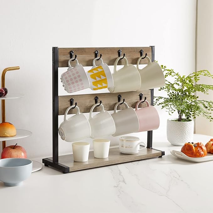 IBUYKE Wood Coffee Mug Holder for Countertop,16 Hook Mug Tree Holder Rack with Storage Base,Mug Display Organizer,Mug Holders for Home Kitchen,Greige UTBJ001Y