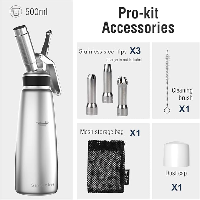 Whipped Cream Dispenser,Aluminum 500ml Whipped Cream Maker,3 Decorating Nozzles,1 Brush,1 Storage Bag,withou N2O Chargers,Sliver