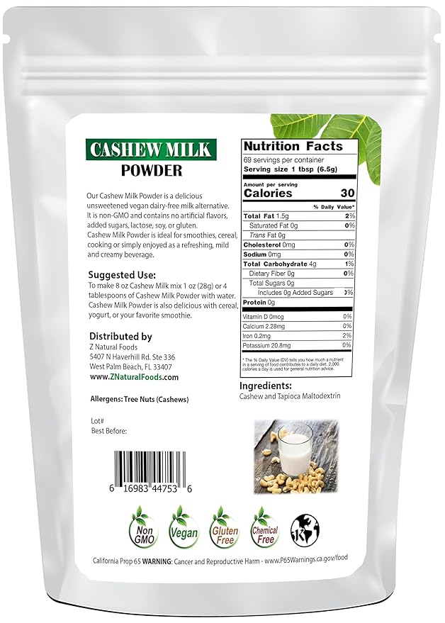 Z Natural Foods Unsweetened Cashew Milk Powder - Plant/Nut Milk For Healthy Heart, Bones, Skin - Substitute for Cashew Butter - Gluten-Free, Kosher, Non-GMO, Vegan, Dairy-Free, 1 lb