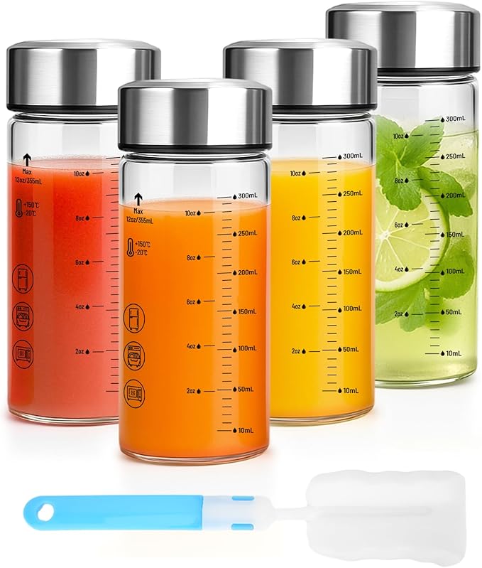 12oz Glass Water Bottles with Lids, 4 Pack Reusable Wide Mouth Juice Bottles with Stainless Steel Caps, Leakproof Borosilicate Glass for Juicing, Smoothies & Storage, BPA-Free,Dishwasher Safe