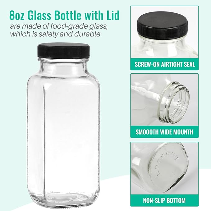 8 oz Glass Juice Bottles with Lids 12 Pack,Reusable Glass Drink Bottles,250ml Water Drinking Jars for Milk,Juicing,Kombucha,Ginger,Beverage Glassware,Juice Drinking Jars