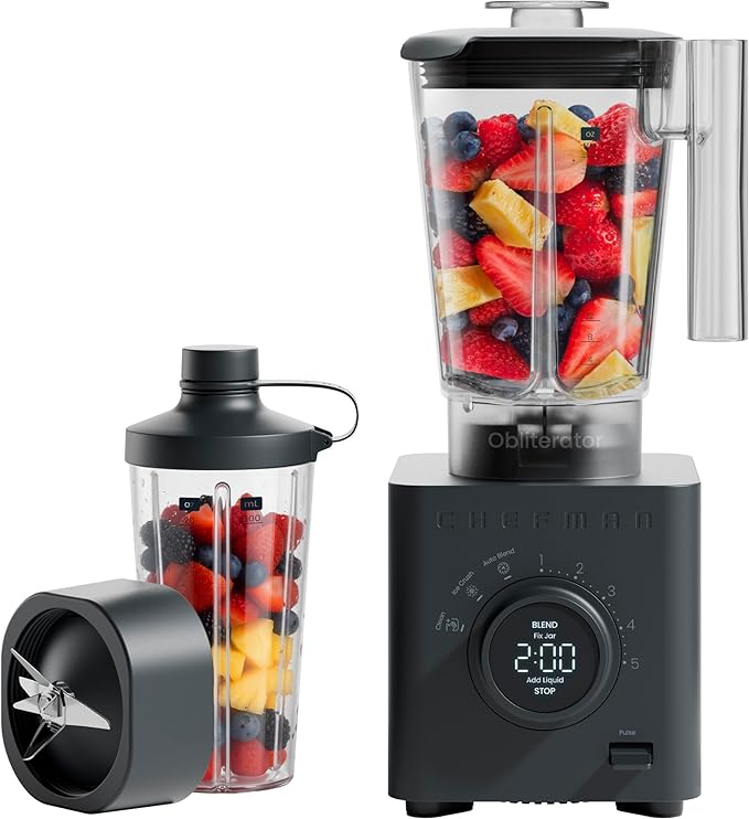 Chefman Obliterator 48 oz Countertop Blender for Smoothies, 1380W Motor to Crush Ice, Nuts, and Frozen Fruit with Stainless Steel Blade, Auto Blend Function, Includes 20 oz Travel Jar