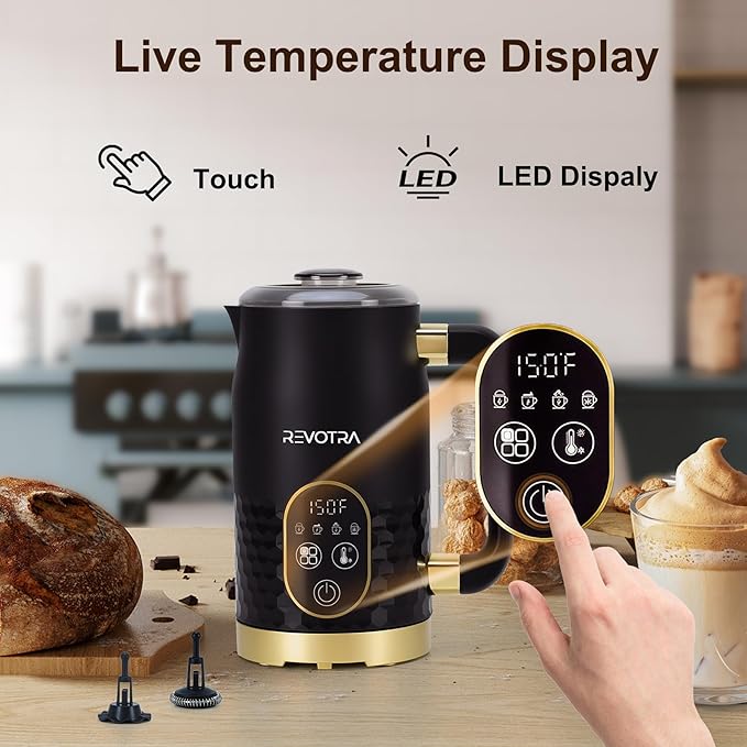 Milk Frother, 4-in-1 Electric Foam Maker with Touchscreen & Temp Display, Hot & Cold Milk Steamer with Non-Stick Coating, Silent Operation for Coffee, Latte, Cappuccino, Matcha, Hot Chocolate