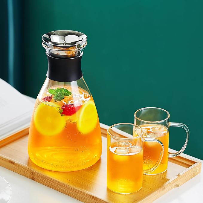 Glass Pitcher with Lid and Spout, 42OZ, Glass Water Jug for Fridge, Glass Carafe with Lid for Hot/Cold Water, Large Pitcher for Coffee, Juice,Homemade Iced Tea Beverage 1250ML