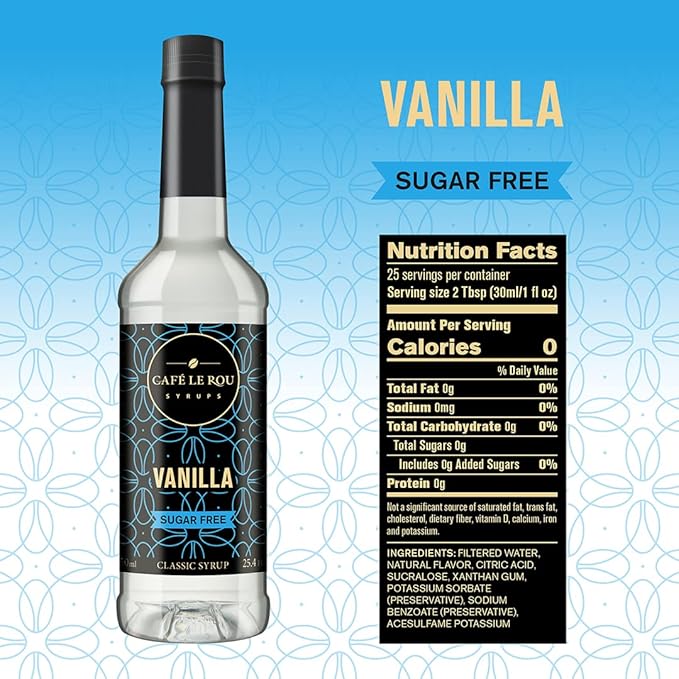 Café Le Rou Coffee Syrup Sugar Free Variety 25.4oz Vanilla, French Vanilla, Caramel, Salted Caramel, Hazelnut - (Sugar Free Variety, 5-Pack) Flavoring Syrup for Coffee, Tea and Espresso Made in the USA