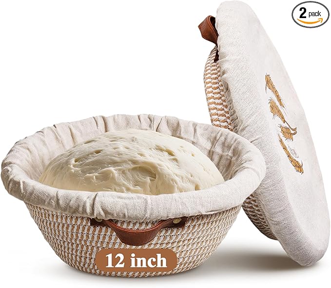 12 Inch Large Cotton Rope Banneton Bread Proofing Basket Set, 2 Pack Round Sourdough Bread Baking Supplies with Liners & Covers for Artisan Bread Baking