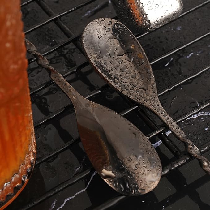 AnSaw Black 12-Inch Stainless Steel Cocktail Spoon with Leaf Handle - Perfect for Mixing & Layering Drinks in Tall Cups, Bar & Shakers - Durable Long Handle Bar Stirrer,2-Pieces