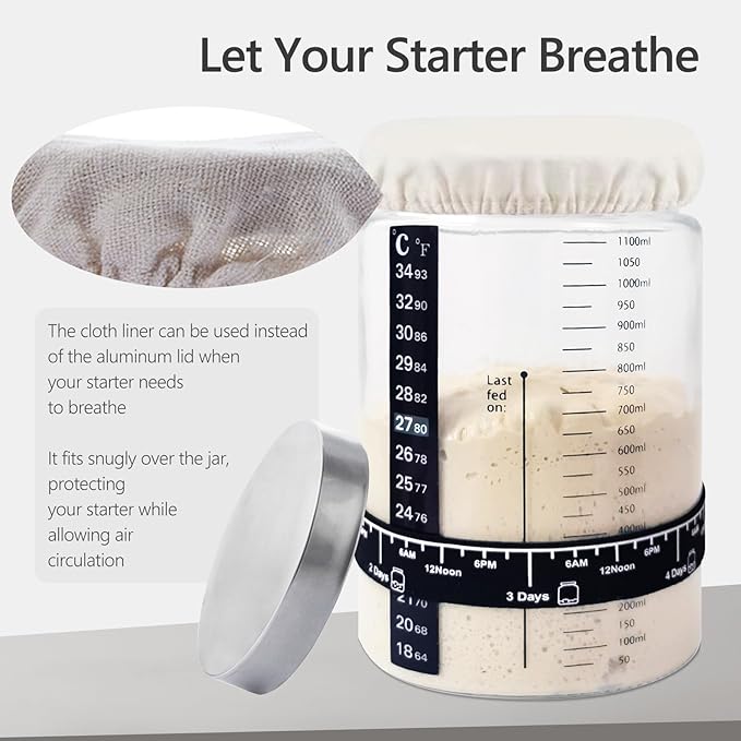 Sourdough Starter Kit -40oz Thick Glass Sourdough Starter Jar Sour Dough Container for Bread Baking Includes Guide Sourdough Container Perfect Sourdough Bread Baking Gift for Home Bakers (1-pack)