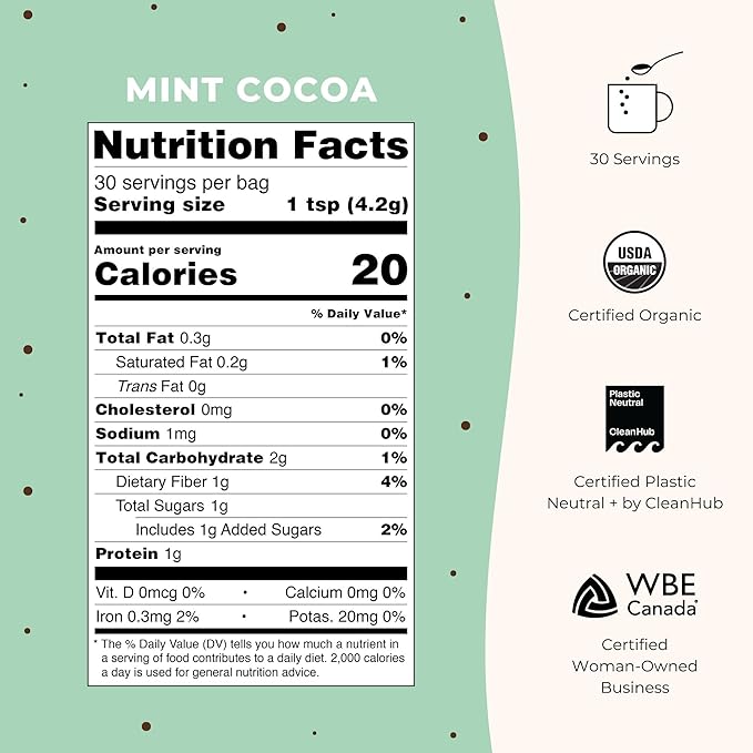 Blume Peppermint Cacao Blend - Superfoods latte with Brain Boosting Adaptogen Organic Cacao - Keto Friendly & Vegan Hot Chocolate - 30 Servings