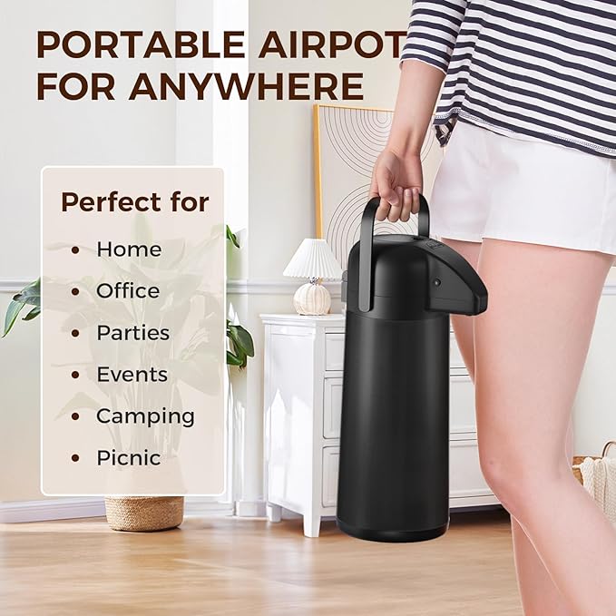 Coffee Carafe for Keeping Hot - 102OZ / 3L Airpot Coffee Dispenser with Pump - Large Coffee Thermos for Hot Drinks Tea Liquid - Insulated Stainless Steel Hot Water Beverage Dispenser for Parties,Black