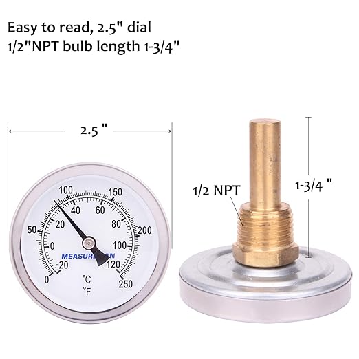 MEASUREMAN Hot Water Bi-Metal Thermometer, 2-1/2" Dial, 1-3/4" Lead-Free Brass Stem, Range 0-250 deg F/-20-120 deg C, 2% Accuracy, Adjustable, 1/2" NPT Back Mount