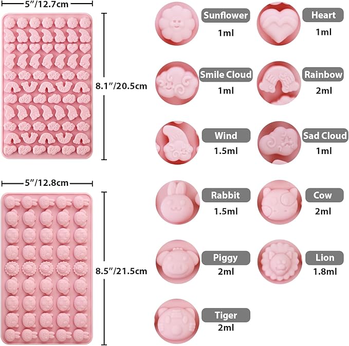 Animals & Flowers Silicone Candy molds, Non-Stick Gummy Bear Chocolate Gelatin Tray with 2 Droppers Creates 260 Alpaca, Clover, Animals, Rainbow & Cloud, Pack of 4