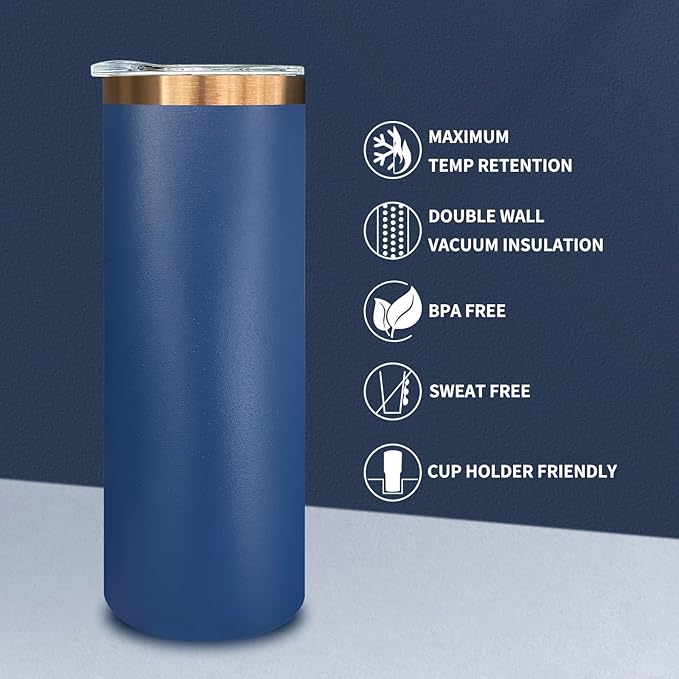 20 oz Skinny Tumblers Bulk 4 Pack, Stainless Steel Insulated Tumbler with Lids and Straws, Slim Double Wall Powder Coated Travel Coffee Mugs Reusable Cup for Hot Cold Drinks (Navy,4 pack)